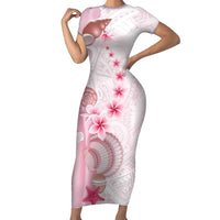 Pink Plumeria Sea Shell Family Matching Short Sleeve Bodycon Dress and Hawaiian Shirt Starfish Polynesian Pattern LT01 Mom's Dress Pink - Polynesian Pride