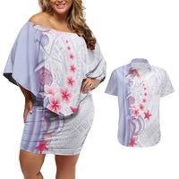 Purple Plumeria Sea Shell Couples Matching Off Shoulder Short Dress and Hawaiian Shirt Starfish Polynesian Pattern - Polynesian Pride