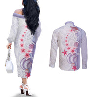 Purple Plumeria Sea Shell Couples Matching Off The Shoulder Long Sleeve Dress and Long Sleeve Button Shirt Starfish Polynesian Pattern - Polynesian Pride