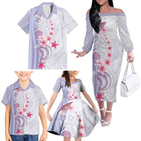 Purple Plumeria Sea Shell Family Matching Off The Shoulder Long Sleeve Dress and Hawaiian Shirt Starfish Polynesian Pattern LT01 - Polynesian Pride