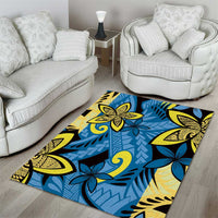 Plumeria Polynesian Pattern Area Rug Unique Fantasy Blue Yellow