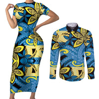 Plumeria Polynesian Pattern Couples Matching Short Sleeve Bodycon Dress and Long Sleeve Button Shirt Unique Fantasy Blue Yellow