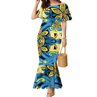 Plumeria Polynesian Pattern Family Matching Mermaid Dress and Hawaiian Shirt Unique Fantasy Blue Yellow LT01 Mom's Dress Blue - Polynesian Pride