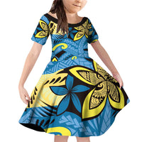 Plumeria Polynesian Pattern Family Matching Off Shoulder Short Dress and Hawaiian Shirt Unique Fantasy Blue Yellow