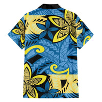 Plumeria Polynesian Pattern Family Matching Off Shoulder Short Dress and Hawaiian Shirt Unique Fantasy Blue Yellow