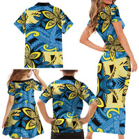 Plumeria Polynesian Pattern Family Matching Short Sleeve Bodycon Dress and Hawaiian Shirt Unique Fantasy Blue Yellow LT01 - Polynesian Pride