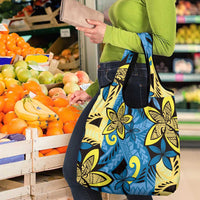 Plumeria Polynesian Pattern Grocery Bag Unique Fantasy Blue Yellow