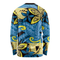Plumeria Polynesian Pattern Long Sleeve Shirt Unique Fantasy Blue Yellow