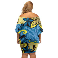 Plumeria Polynesian Pattern Off Shoulder Short Dress Unique Fantasy Blue Yellow