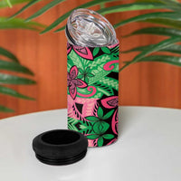 Plumeria Polynesian Pattern 4 in 1 Can Cooler Tumbler Unique Fantasy Green Pink