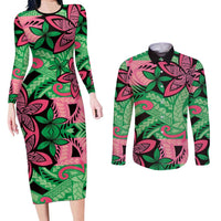 Plumeria Polynesian Pattern Couples Matching Long Sleeve Bodycon Dress and Long Sleeve Button Shirt Unique Fantasy Green Pink