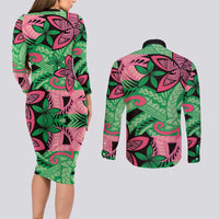 Plumeria Polynesian Pattern Couples Matching Long Sleeve Bodycon Dress and Long Sleeve Button Shirt Unique Fantasy Green Pink