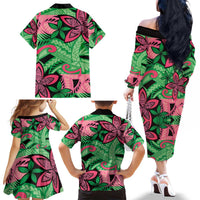 Plumeria Polynesian Pattern Family Matching Off The Shoulder Long Sleeve Dress and Hawaiian Shirt Unique Fantasy Green Pink LT01 - Polynesian Pride