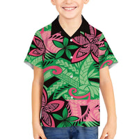 Plumeria Polynesian Pattern Family Matching Off The Shoulder Long Sleeve Dress and Hawaiian Shirt Unique Fantasy Green Pink LT01 Son's Shirt Green - Polynesian Pride