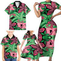 Plumeria Polynesian Pattern Family Matching Short Sleeve Bodycon Dress and Hawaiian Shirt Unique Fantasy Green Pink LT01 - Polynesian Pride