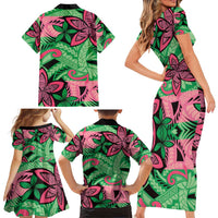 Plumeria Polynesian Pattern Family Matching Short Sleeve Bodycon Dress and Hawaiian Shirt Unique Fantasy Green Pink LT01 - Polynesian Pride