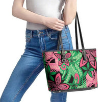 Plumeria Polynesian Pattern Leather Tote Bag Unique Fantasy Green Pink