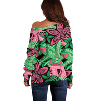Plumeria Polynesian Pattern Off Shoulder Sweater Unique Fantasy Green Pink