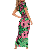 Plumeria Polynesian Pattern Short Sleeve Bodycon Dress Unique Fantasy Green Pink LT01 - Polynesian Pride
