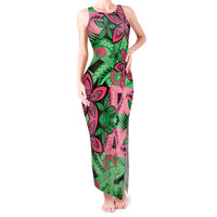 Plumeria Polynesian Pattern Tank Maxi Dress Unique Fantasy Green Pink
