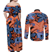 Plumeria Polynesian Pattern Couples Matching Off Shoulder Maxi Dress and Long Sleeve Button Shirt Unique Fantasy Orange Blue