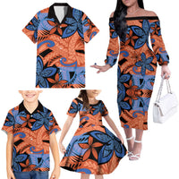 Plumeria Polynesian Pattern Family Matching Off The Shoulder Long Sleeve Dress and Hawaiian Shirt Unique Fantasy Orange Blue LT01 - Polynesian Pride