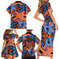 Plumeria Polynesian Pattern Family Matching Short Sleeve Bodycon Dress and Hawaiian Shirt Unique Fantasy Orange Blue LT01 - Polynesian Pride