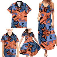 Plumeria Polynesian Pattern Family Matching Summer Maxi Dress and Hawaiian Shirt Unique Fantasy Orange Blue