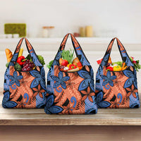 Plumeria Polynesian Pattern Grocery Bag Unique Fantasy Orange Blue