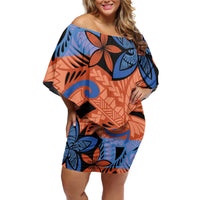 Plumeria Polynesian Pattern Off Shoulder Short Dress Unique Fantasy Orange Blue