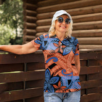Plumeria Polynesian Pattern Women Polo Shirt Unique Fantasy Orange Blue