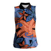Plumeria Polynesian Pattern Women Sleeveless Polo Shirt Unique Fantasy Orange Blue LT01 Female Orange - Polynesian Pride