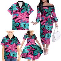 Plumeria Polynesian Pattern Family Matching Off The Shoulder Long Sleeve Dress and Hawaiian Shirt Unique Fantasy Pink Teal LT01 - Polynesian Pride