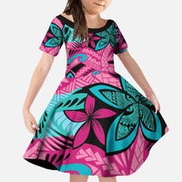 Plumeria Polynesian Pattern Family Matching Short Sleeve Bodycon Dress and Hawaiian Shirt Unique Fantasy Pink Teal LT01 Daughter's Dress Pink - Polynesian Pride