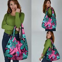 Plumeria Polynesian Pattern Grocery Bag Unique Fantasy Pink Teal