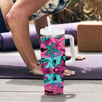 Plumeria Polynesian Pattern Tumbler With Handle Unique Fantasy Pink Teal