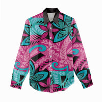 Plumeria Polynesian Pattern Women Casual Shirt Unique Fantasy Pink Teal LT01 - Polynesian Pride