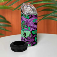 Plumeria Polynesian Pattern 4 in 1 Can Cooler Tumbler Unique Fantasy Purple Green