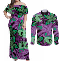 Plumeria Polynesian Pattern Couples Matching Off Shoulder Maxi Dress and Long Sleeve Button Shirt Unique Fantasy Purple Green