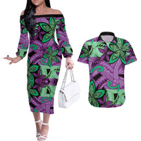Plumeria Polynesian Pattern Couples Matching Off The Shoulder Long Sleeve Dress and Hawaiian Shirt Unique Fantasy Purple Green LT01 Purple - Polynesian Pride