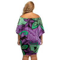 Plumeria Polynesian Pattern Family Matching Off Shoulder Short Dress and Hawaiian Shirt Unique Fantasy Purple Green