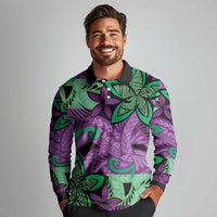 Plumeria Polynesian Pattern Long Sleeve Polo Shirt Unique Fantasy Purple Green LT01 - Polynesian Pride