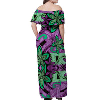 Plumeria Polynesian Pattern Off Shoulder Maxi Dress Unique Fantasy Purple Green