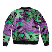 Plumeria Polynesian Pattern Sleeve Zip Bomber Jacket Unique Fantasy Purple Green LT01 - Polynesian Pride