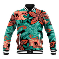 Plumeria Polynesian Pattern Baseball Jacket Unique Fantasy Teal Orange