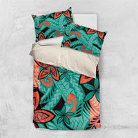 Plumeria Polynesian Pattern Bedding Set Unique Fantasy Teal Orange