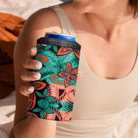 Plumeria Polynesian Pattern 4 in 1 Can Cooler Tumbler Unique Fantasy Teal Orange