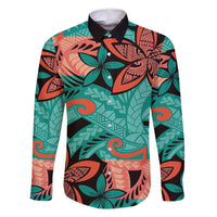 Plumeria Polynesian Pattern Family Matching Long Sleeve Bodycon Dress and Hawaiian Shirt Unique Fantasy Teal Orange LT01 Dad's Shirt - Long Sleeve Teal - Polynesian Pride