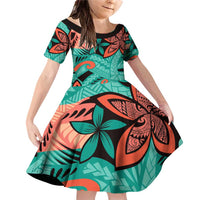 Plumeria Polynesian Pattern Family Matching Off Shoulder Short Dress and Hawaiian Shirt Unique Fantasy Teal Orange