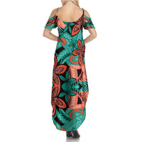 Plumeria Polynesian Pattern Family Matching Summer Maxi Dress and Hawaiian Shirt Unique Fantasy Teal Orange